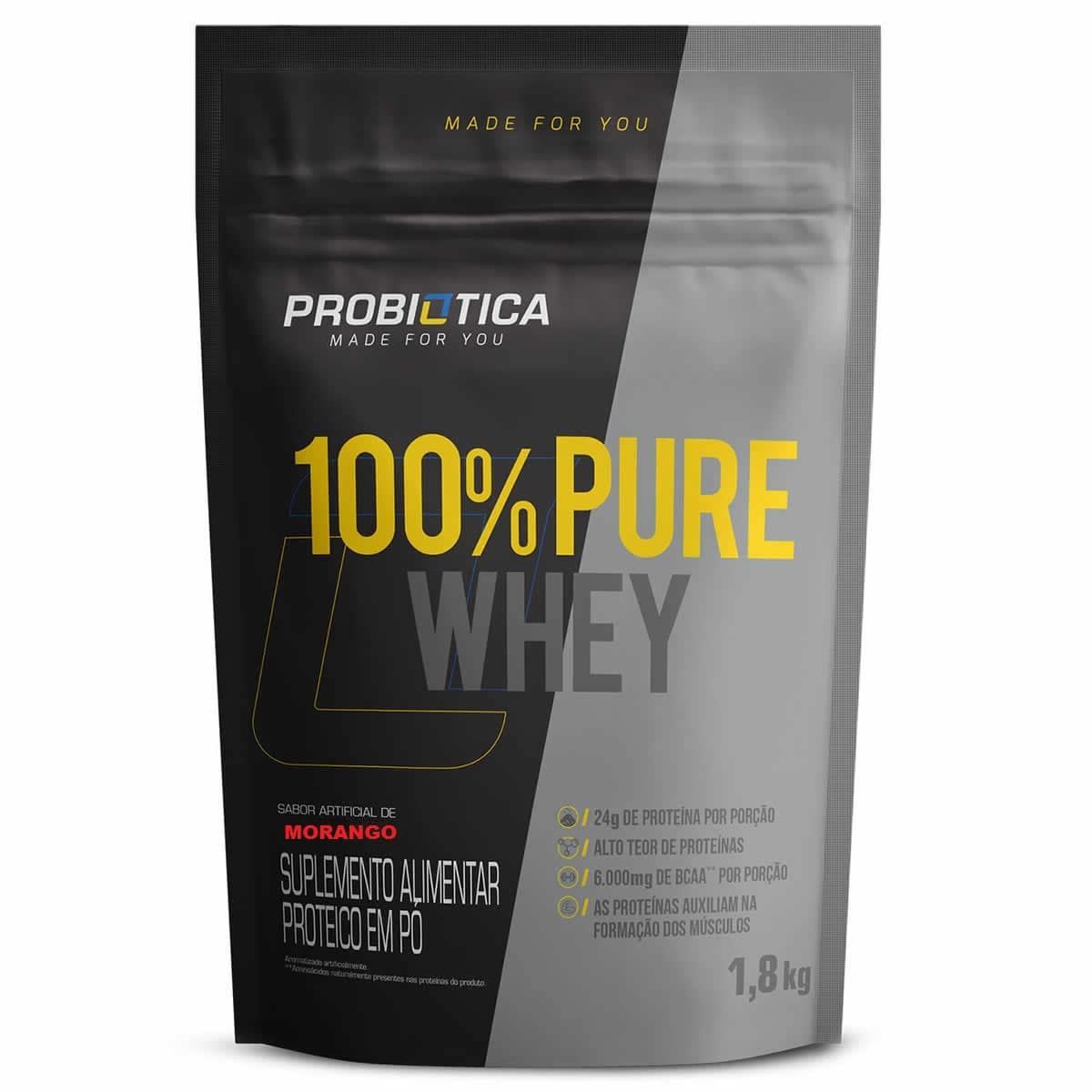100% Pure Whey - 1800g Refil Morango - Probiotica*** Data Venc. 24/10/2024