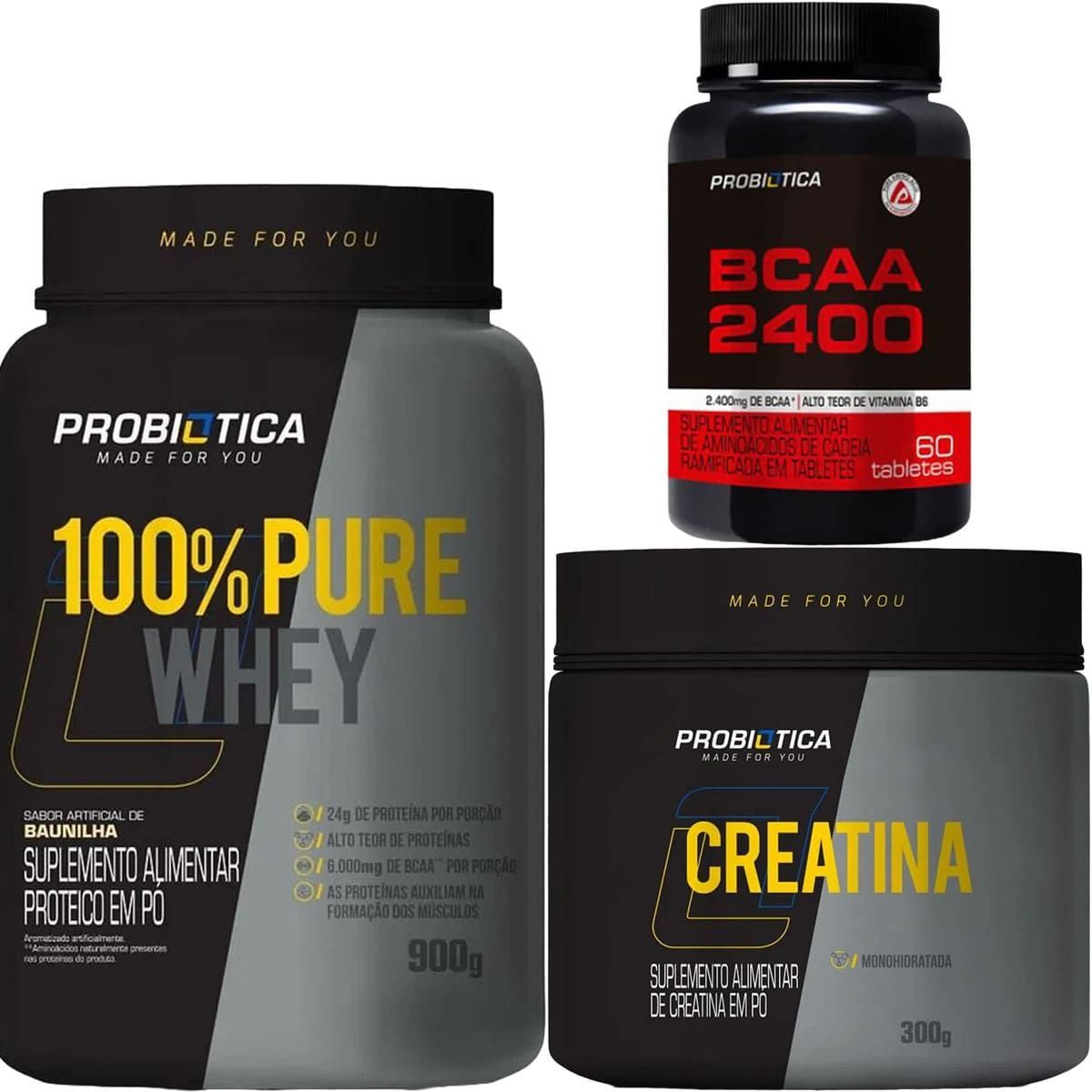100% Pure Whey - 900g Baunilha + Creatina 300g + BCAA 60 Tabletes - Probi�tica