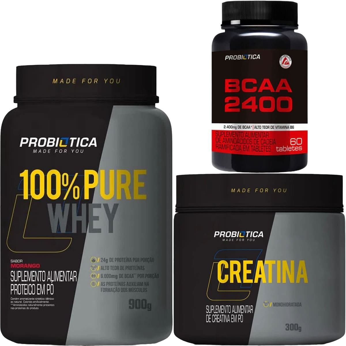 100% Pure Whey - 900g Morango + Creatina 300g + BCAA 60 Tabletes - Probi�tica