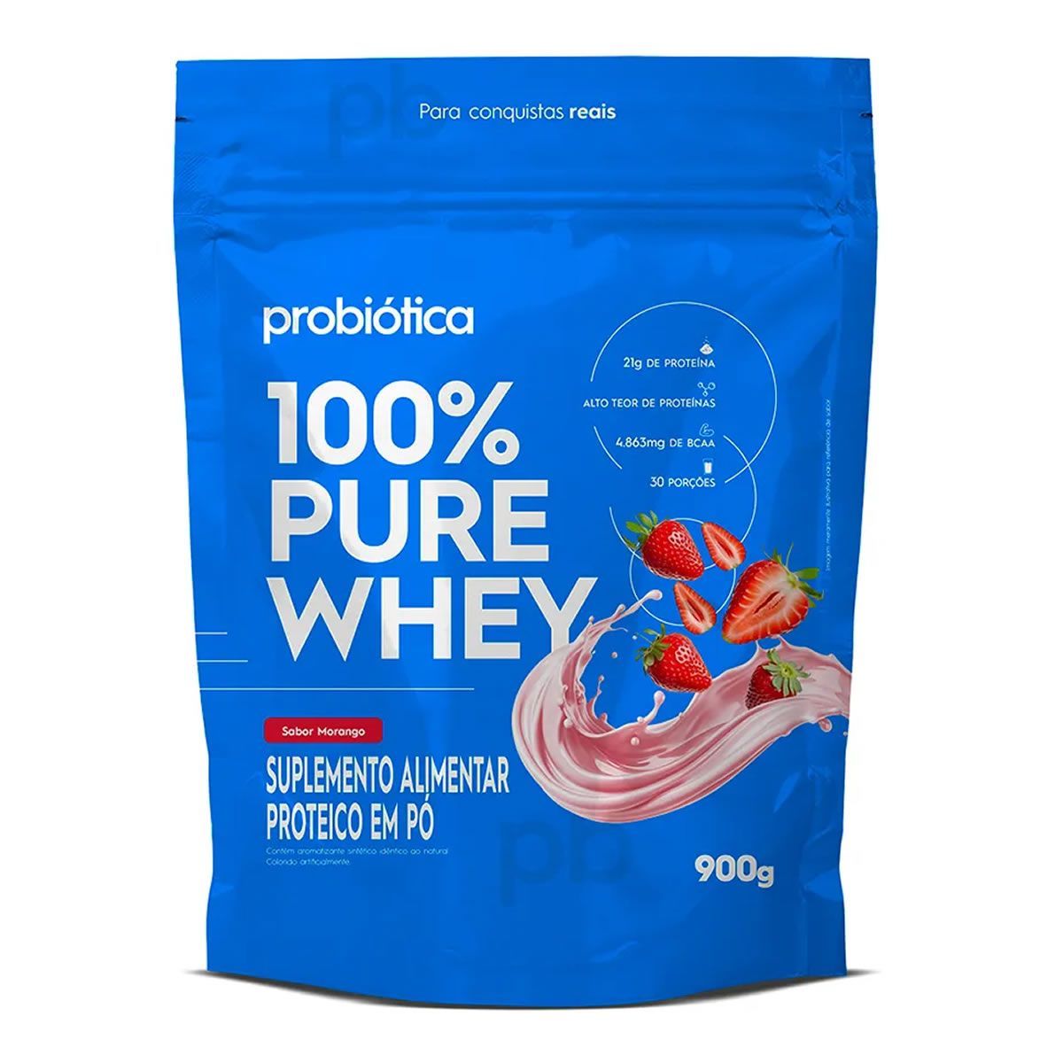 100% Pure Whey Nova F�rmula - 900g Refil Morango - Probi�tica