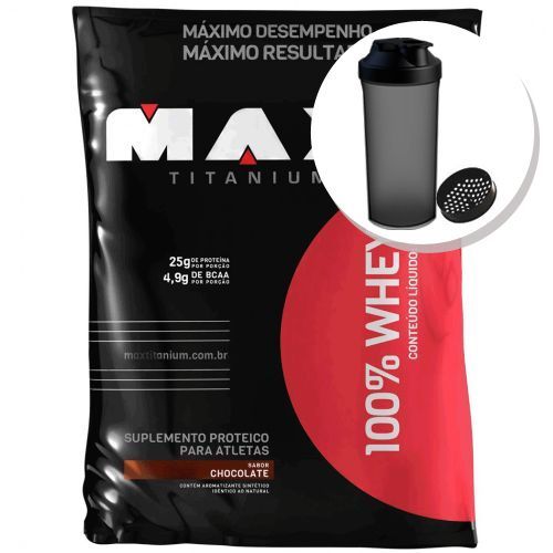 100% Whey - 2000g Sabor Chocolate + Coqueteleira 600ml Preta - Max Titanium