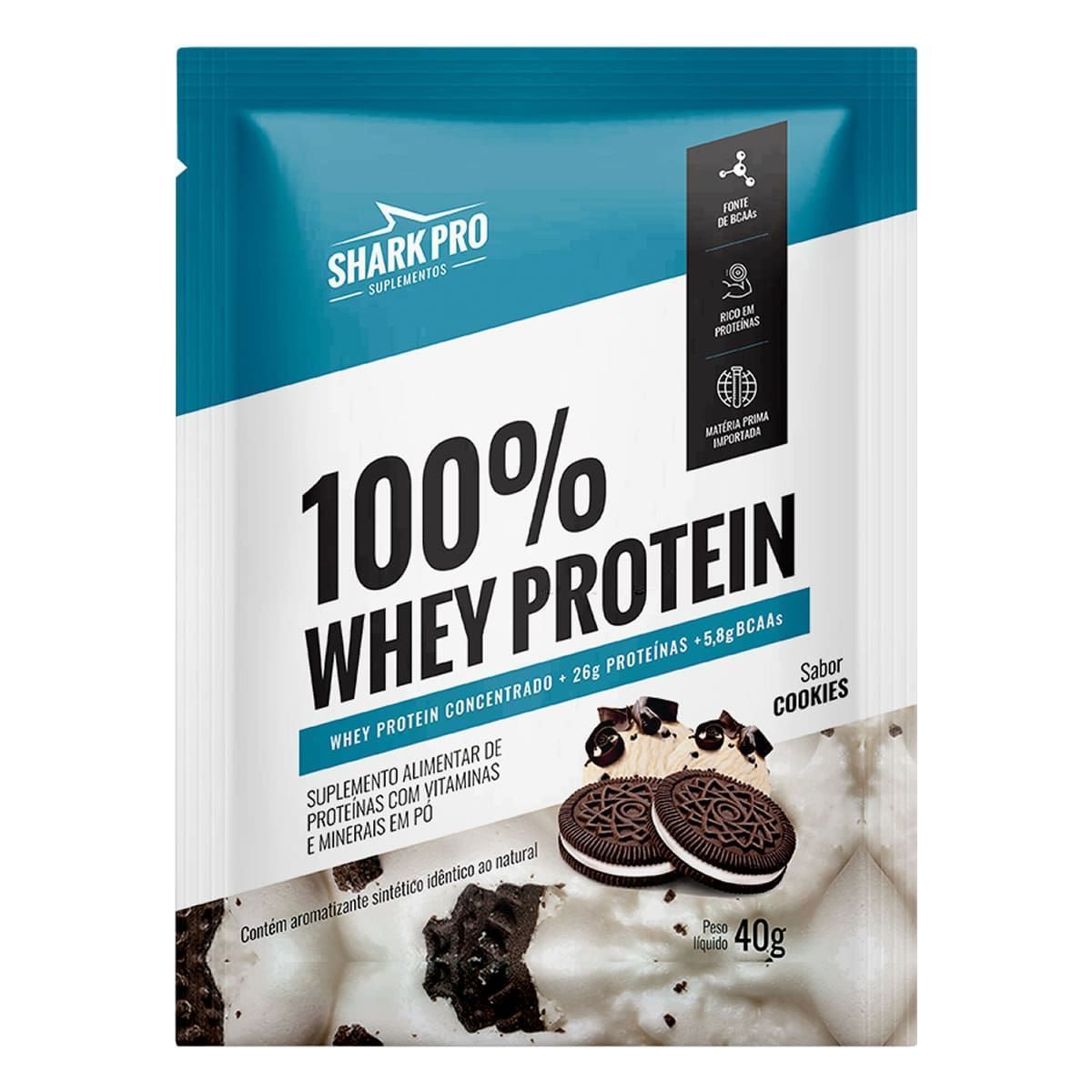 100% Whey Protein - 1 Sach� 40g Cookies - Shark Pro***  AVARIA NA EMBALAGEM***Data Venc. 30/11/2026