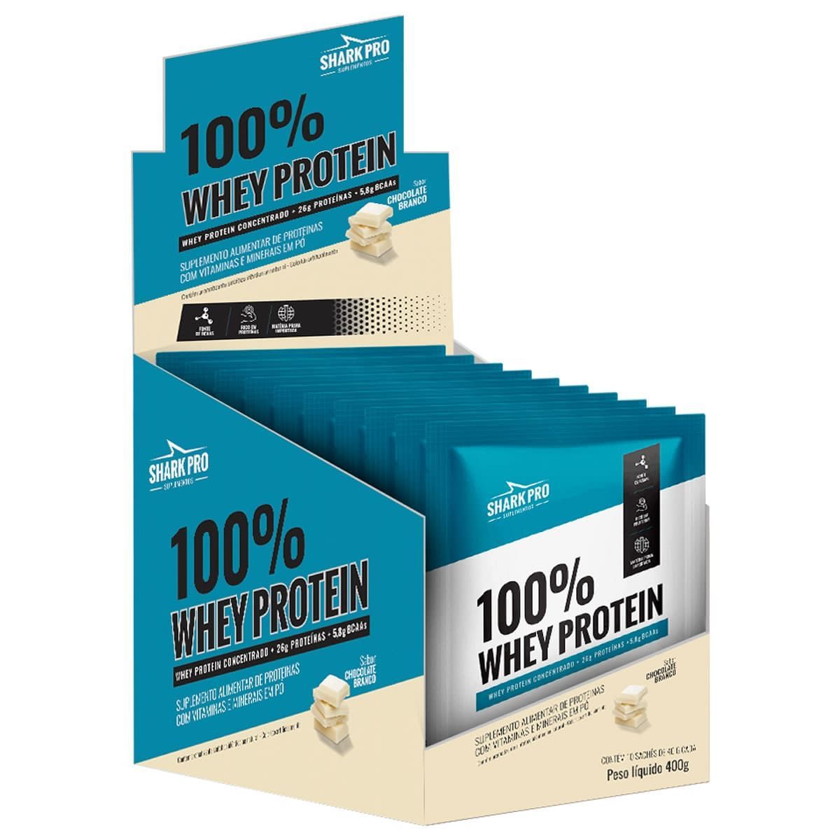 100% Whey Protein - 10 Sach�s 40g Chocolate Branco - Shark Pro