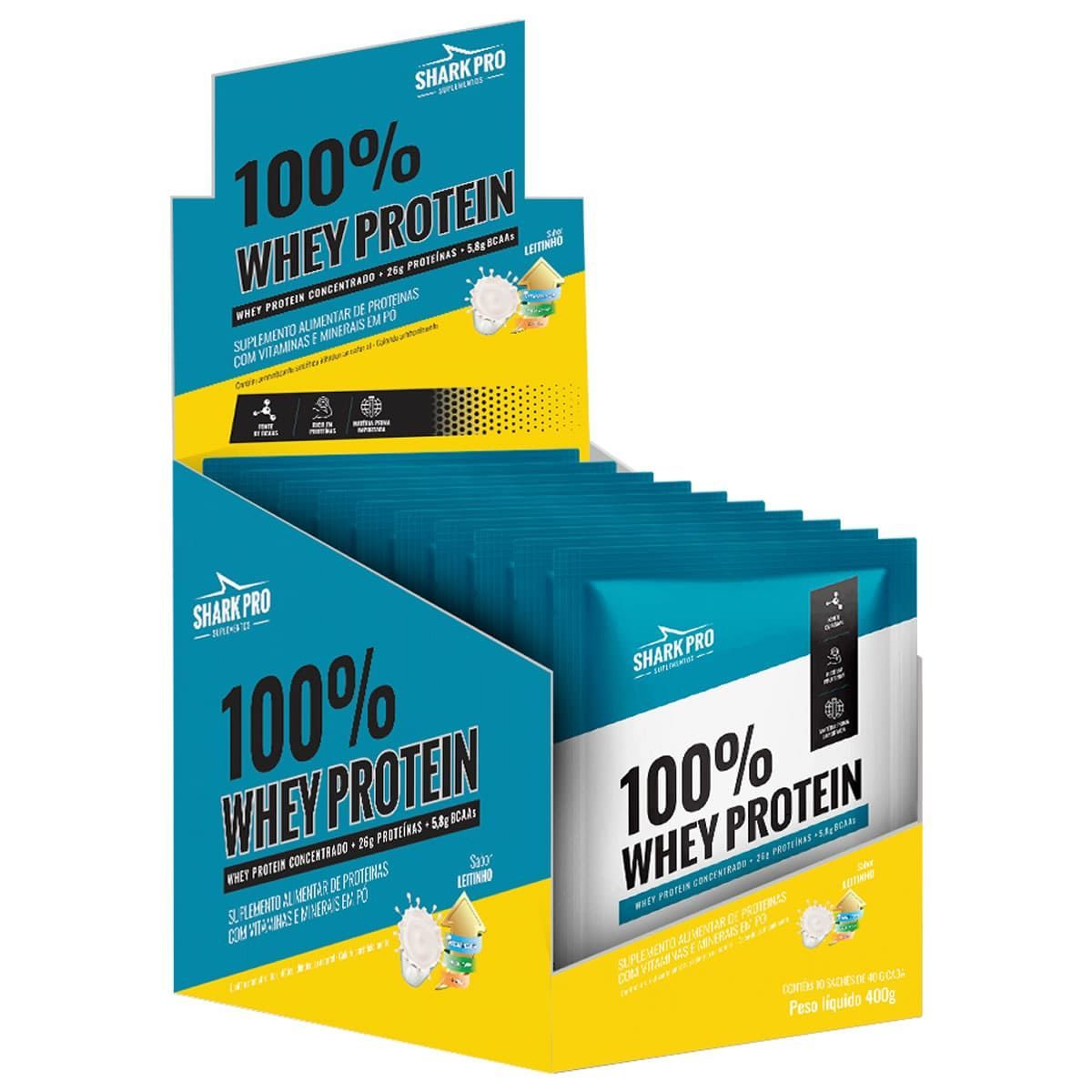 100% Whey Protein - 10 Sach�s 40g Leitinho - Shark Pro
