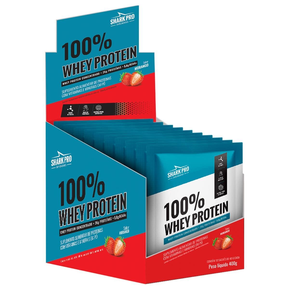 100% Whey Protein - 10 Sach�s 40g Morango - Shark Pro