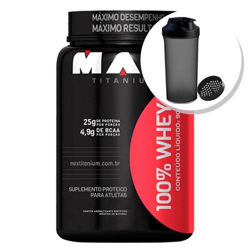 100% Whey Protein - 900g Morango + Coqueteleira 600ml Preta - Max Titanium