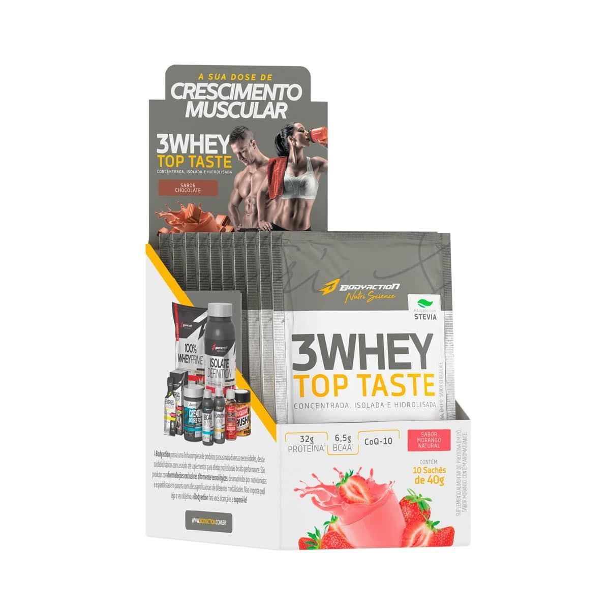3 Whey Top Taste - 10 Sach�s 40g Morango - BodyAction