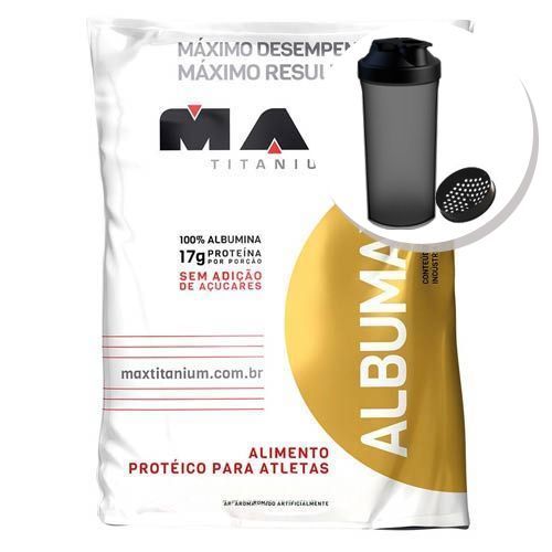 Albumax 100% - 500g Morango + Coqueteleira 600ml Preta - Max Titanium