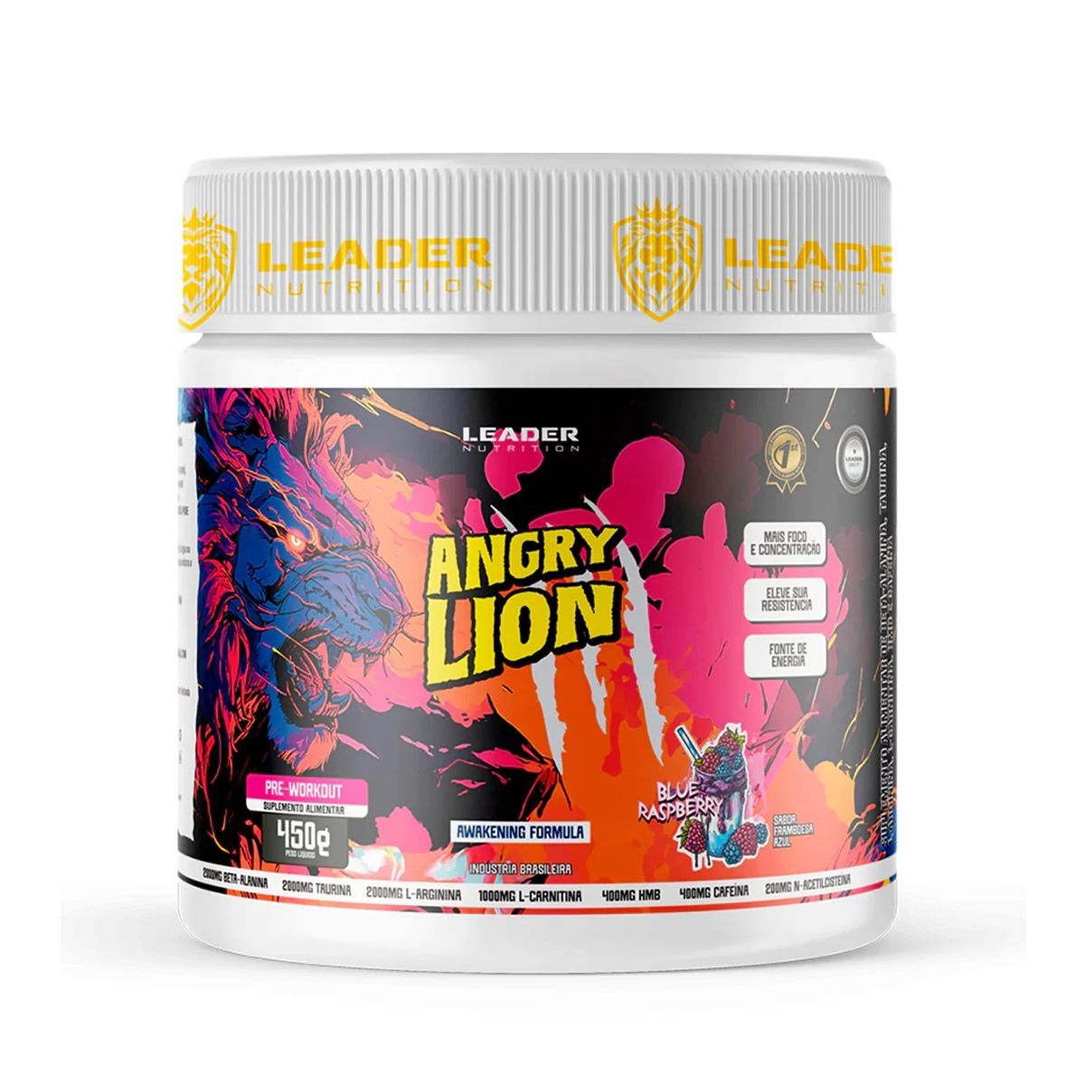 Angry Lion Pr� Workout - 450g Framboesa Azul - Leader Nutrition