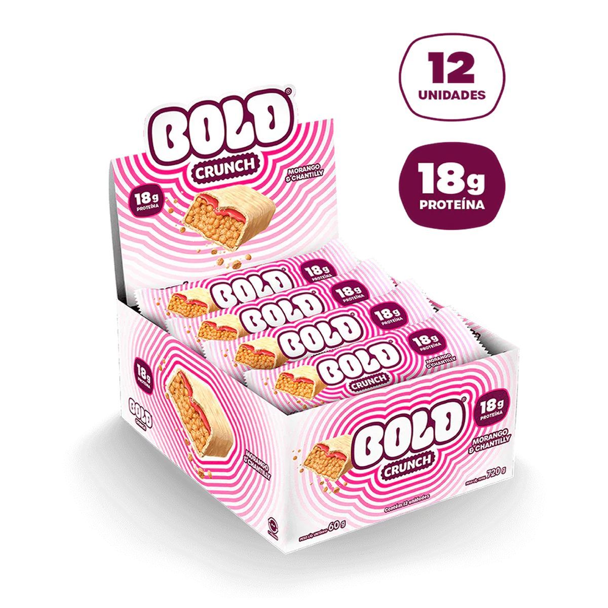 Barra de Prote�na Crunch - 12 Unidades 60g Morango e Chantilly - Bold