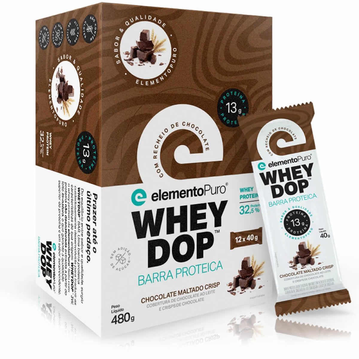 Barra Proteica WheyDop - 12 Unidades 40g Chocolate Maltado - ElementoPuro