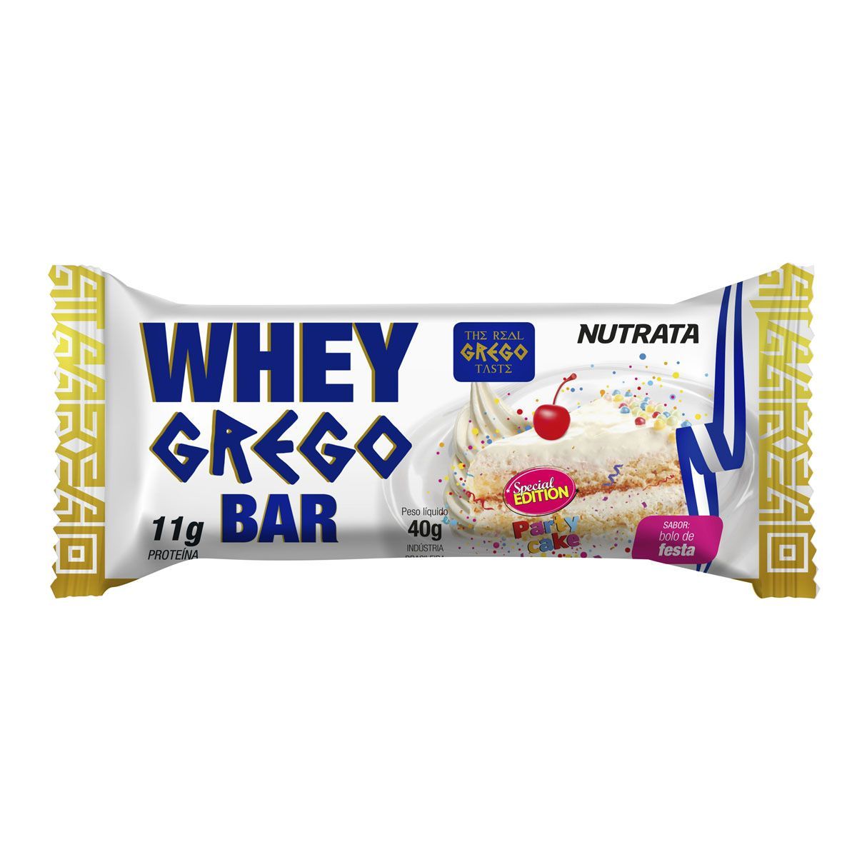 Barra Whey Grego Bar - 1 Unidade de 40g Bolo de Festa - Nutrata*** Data Venc. 30/09/2020