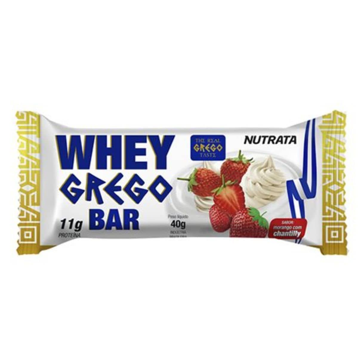 Barra Whey Grego Bar - 1 Unidade de 40g Morango com Chantilly - Nutrata*** Data Venc. 30/11/2020