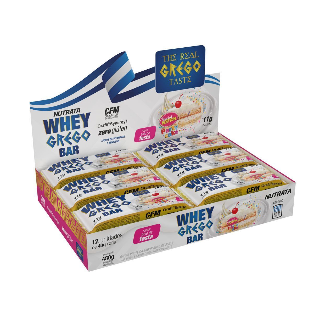 Barra Whey Grego Bar - 12 Unidades de 40g Bolo de Festa - Nutrata*** Data Venc. 28/02/2022
