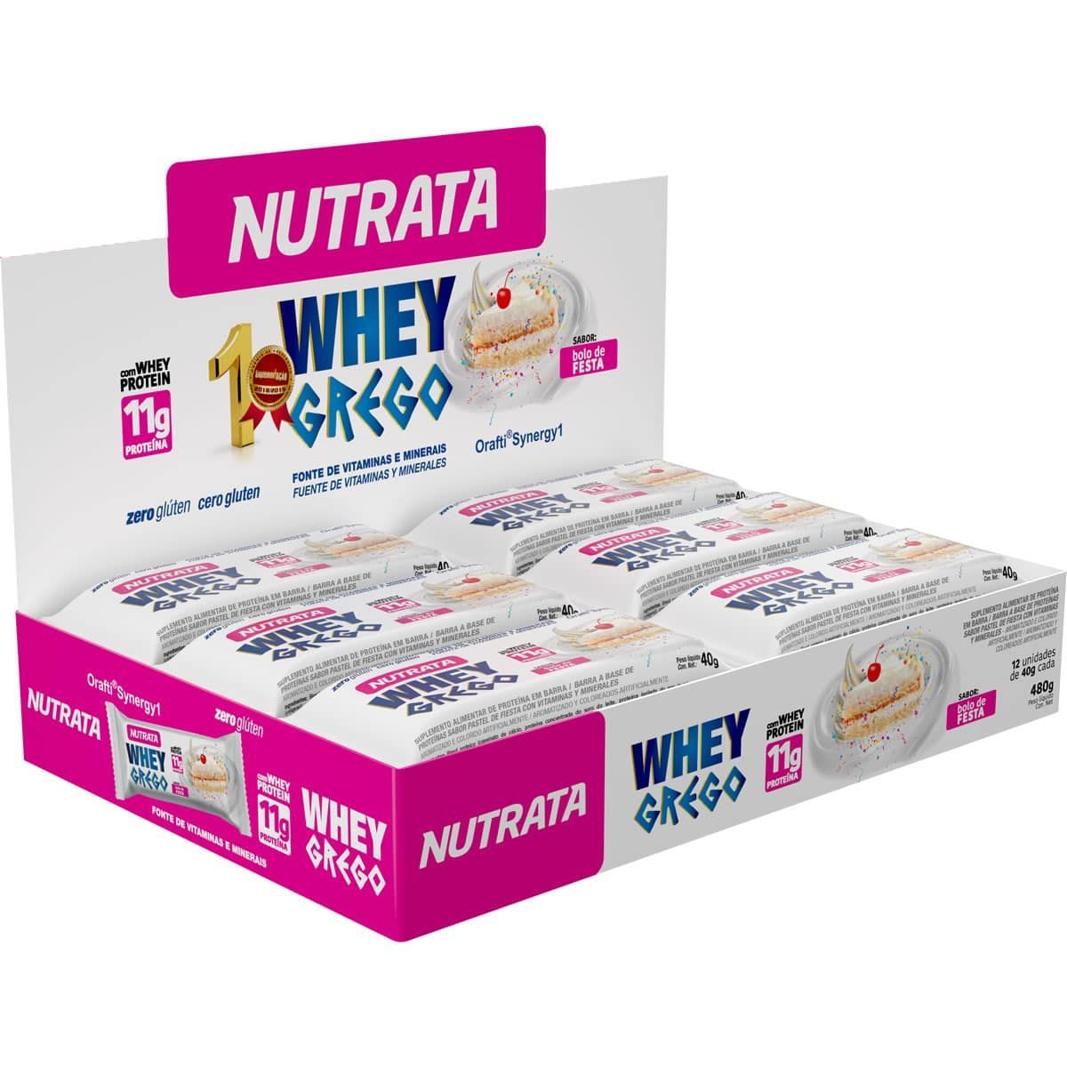 Barra Whey Grego Bar - 12 Unidades de 40g Bolo de Festa - Nutrata*** Data Venc. 30/5/23