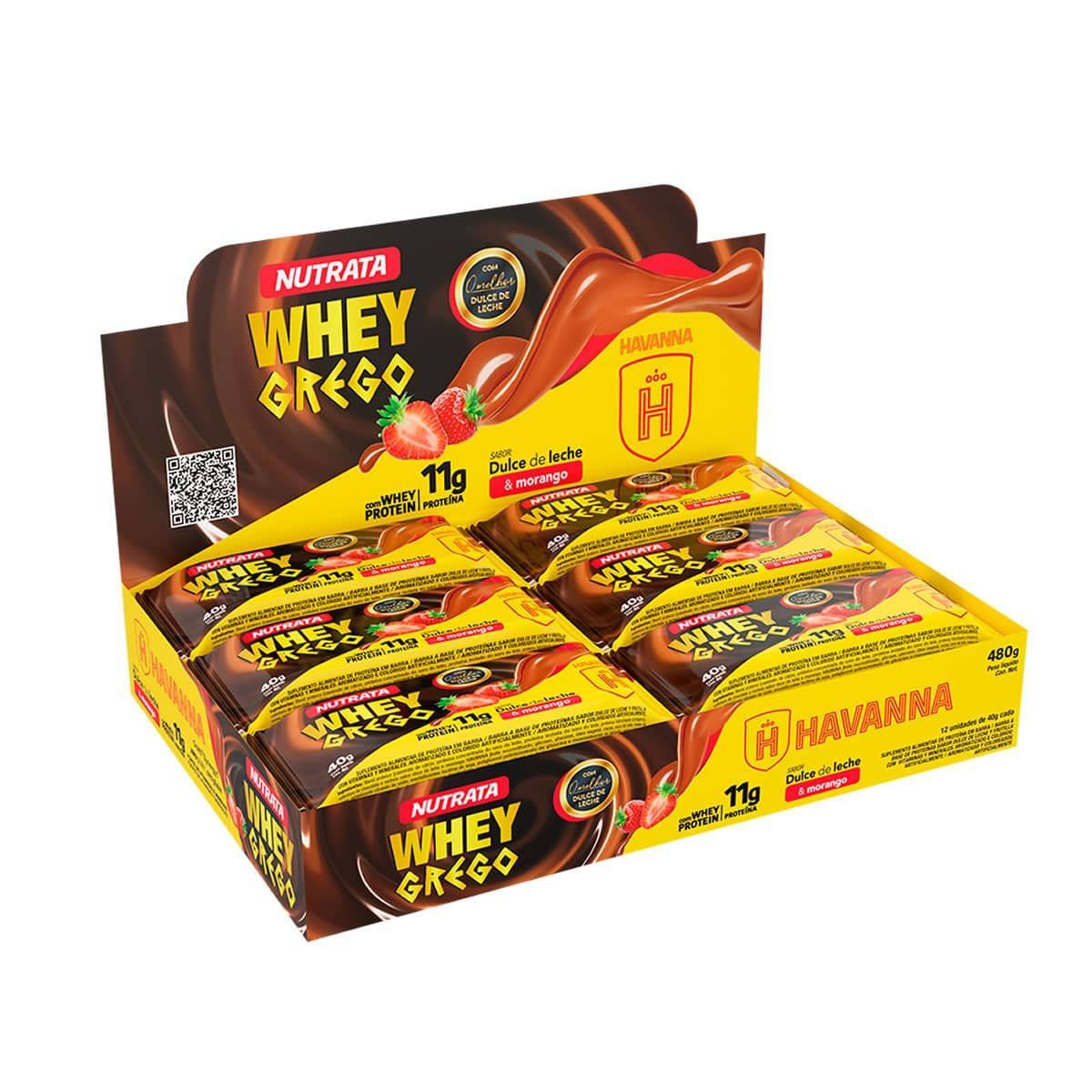 Barra Whey Grego Bar - 12 Unidades de 40g Dulce de Leche Havanna e Morango - Nutrata*** Data Venc. 30/11/2023