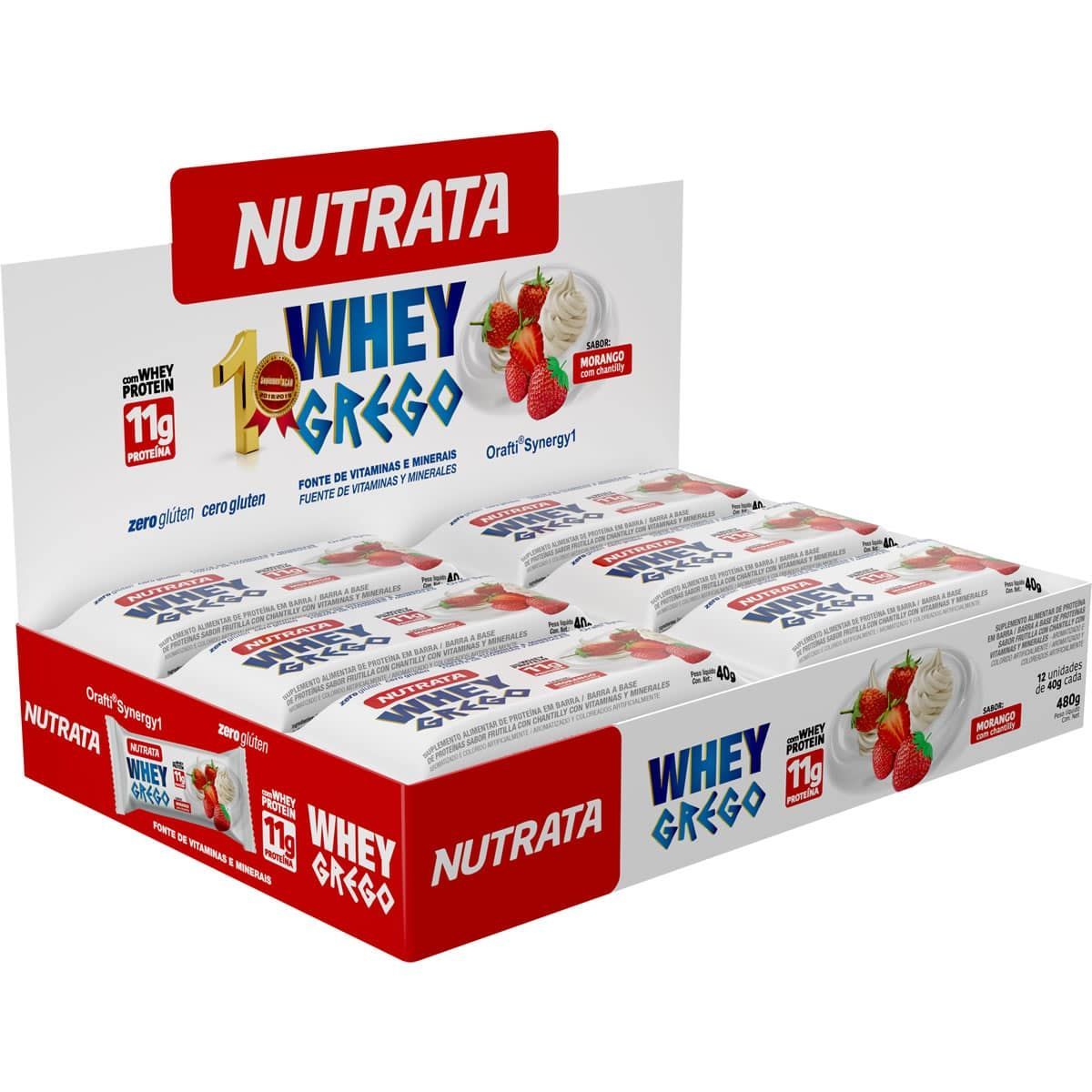 Barra Whey Grego Bar - 12 Unidades de 40g Morango com Chantilly - Nutrata*** Data Venc. 30/12/2024