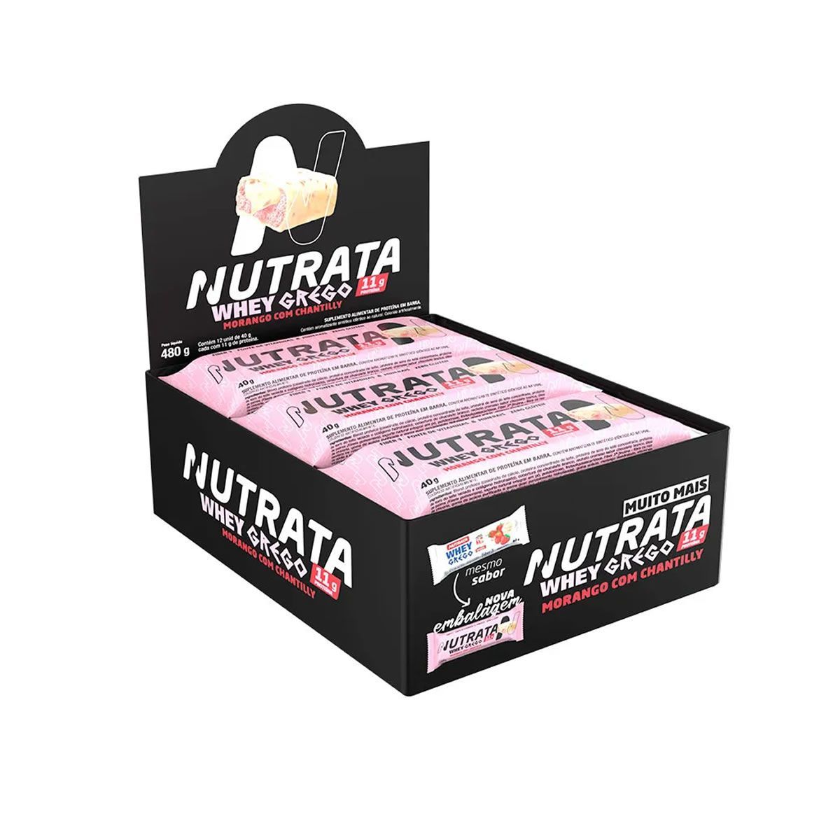 Barra Whey Grego Bar - 12 Unidades de 40g Morango com Chantilly - Nutrata