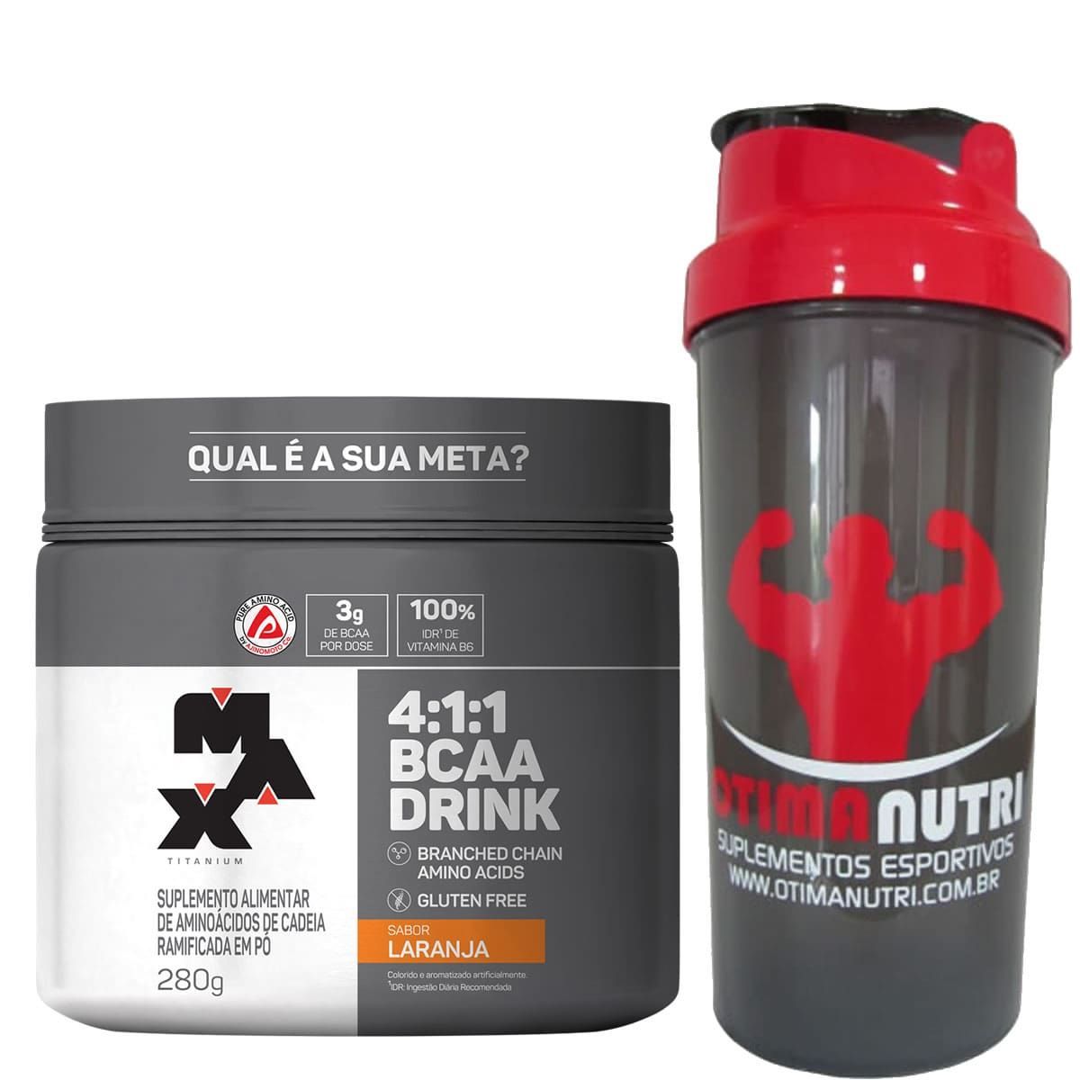 BCAA 4:1:1 Drink Laranja - 280g + Coqueteleira 600ml Preta - Max Titanium