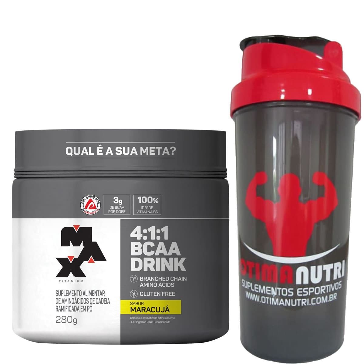 BCAA 4:1:1 Drink maracuja - 280g + Coqueteleira 600ml Preta - Max Titanium