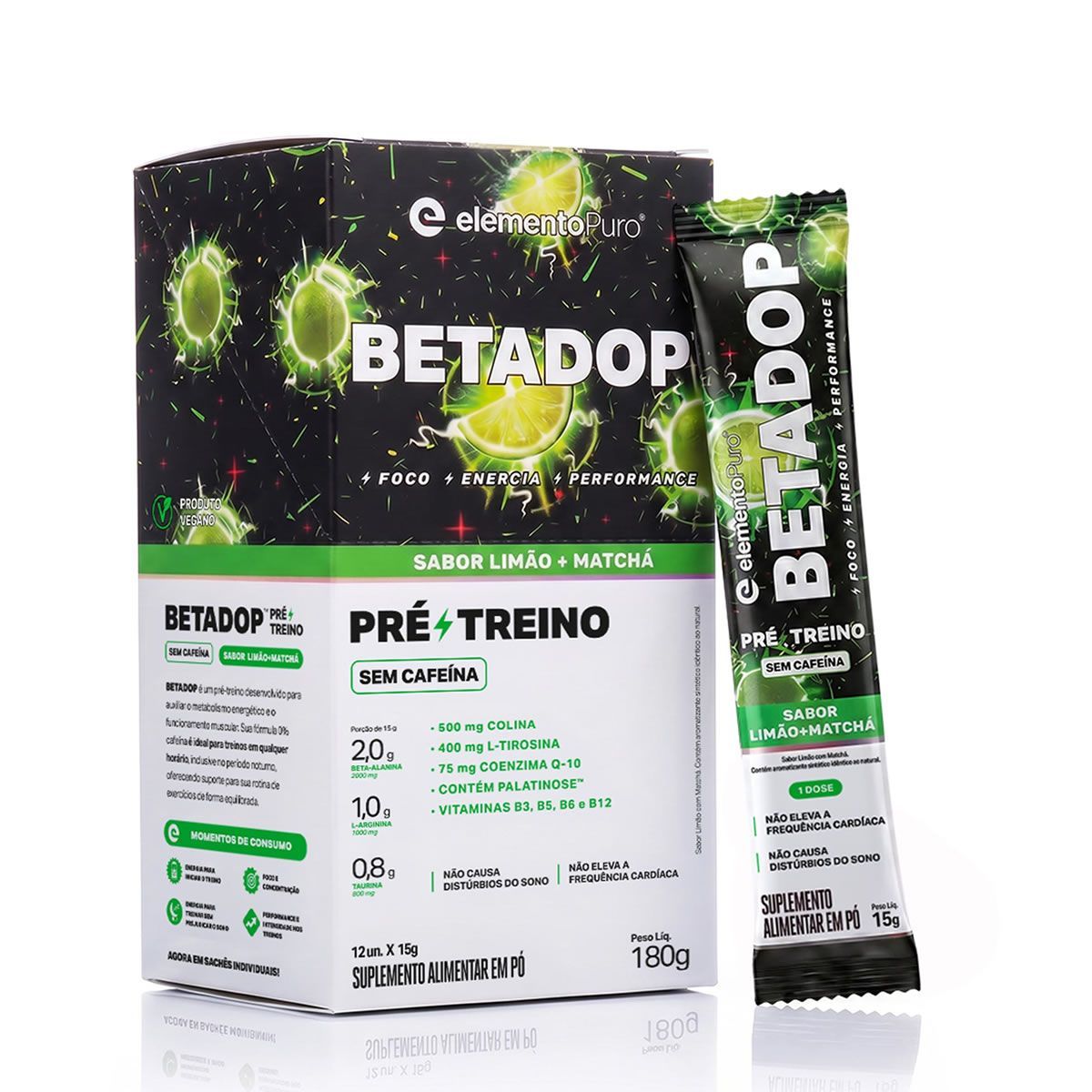 BetaDop Pr� Treino - 12 Sach�s 15g Lim�o com Match� - ElementoPuro