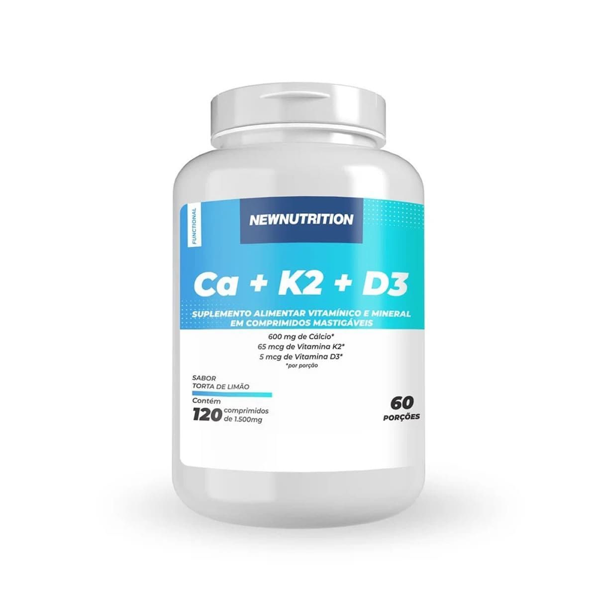 C�lcio + K2 + D3 - 120 Comprimidos Mastig�veis Torta de Lim�o - NewNutrition	