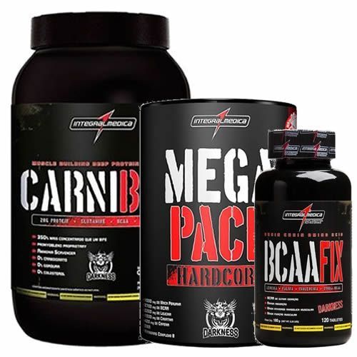 Kit - Carnibol 907g Chocolate + BCAA Fix Darkness 120 Tabletes + Mega Pack Hardcore 15 Sach�s - IntegralM�dica