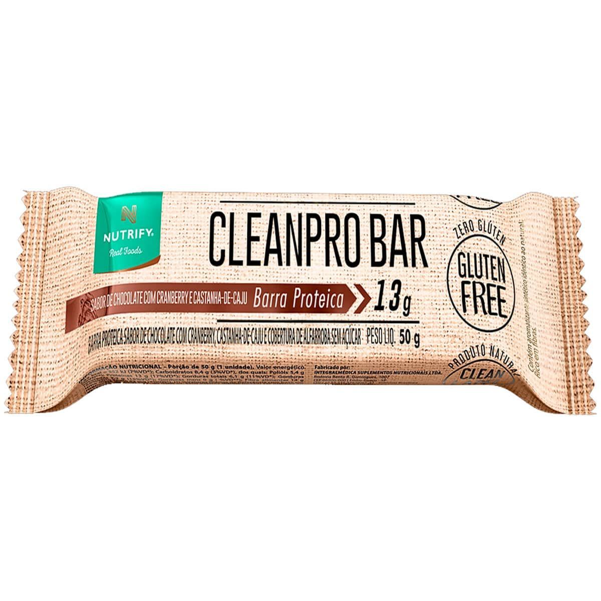 CleanPro Bar - 1 Unidade 50g Chocolate com Cranberry e Castanha de Caju - Nutrify