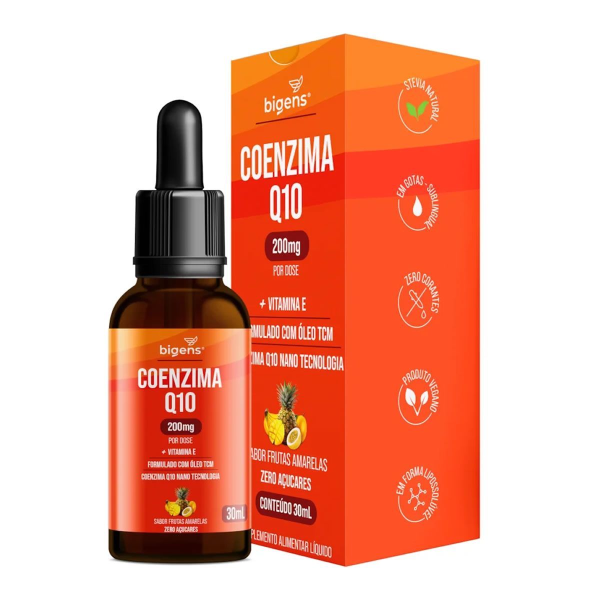 Coenzima Q10 200mg + Vitamina E Gotas - 30ml Frutas Amarelas - Bigens