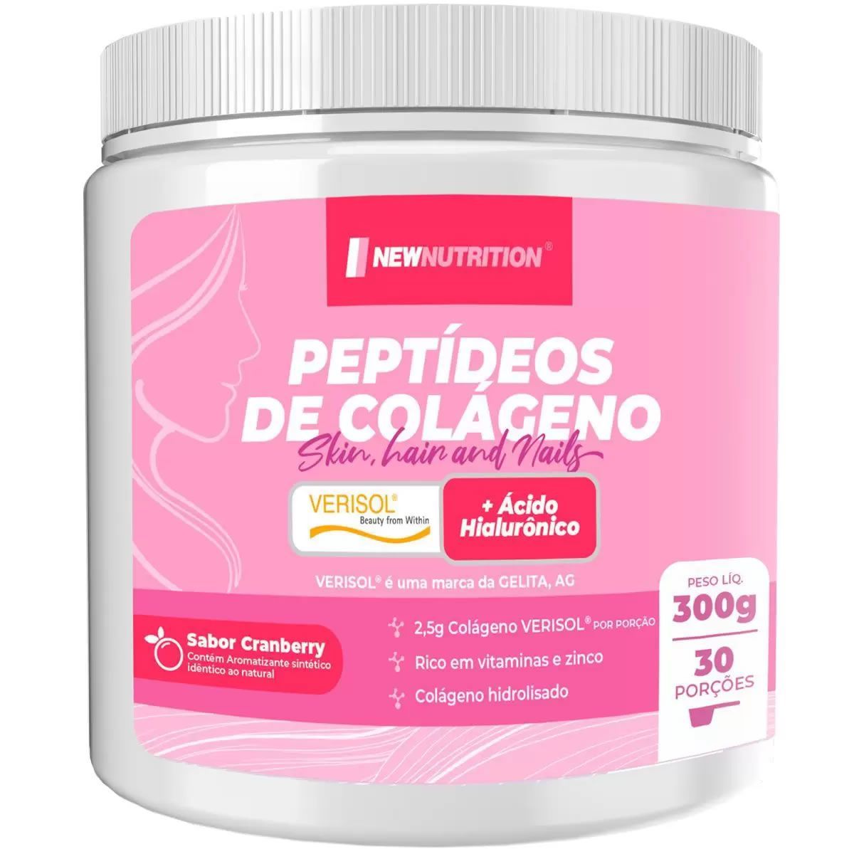 Pept�deos de Col�geno Verisol com �cido Hialur�nico - 300g Cranberry - NewNutrition
