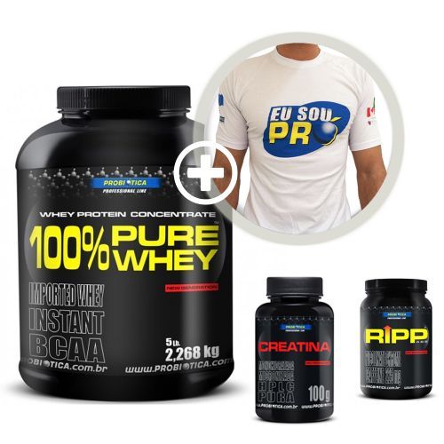 Combo 100% Pure Whey + Termog�nico Ripp ABS + Creatina + Camiseta - Probi�tica