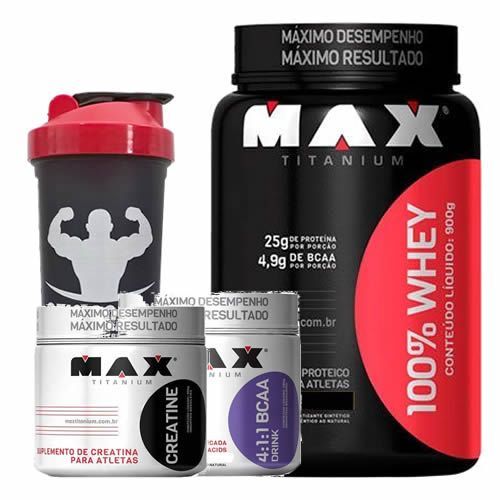 Combo - 100% Whey Protein 900g Vit.Frutas + BCAA 4:1:1 Uva + Creatine + Coqueteleira - Max Titanium