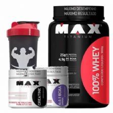 Combo - 100% Whey Protein 900g Vit.Frutas + BCAA 4:1:1 Uva + Creatine + Coqueteleira - Max Titanium