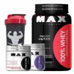 Combo - 100% Whey Protein 900g Vit.Frutas + BCAA 4:1:1 Uva + Creatine + Coqueteleira - Max Titanium