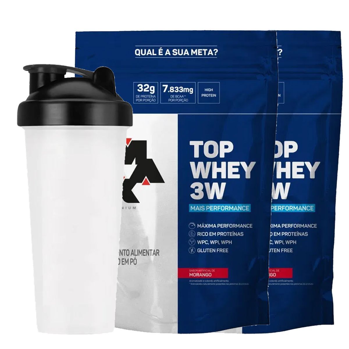 Combo 2 - Top Whey Morango 1800g +  Coqueteleira  - Max Titanium