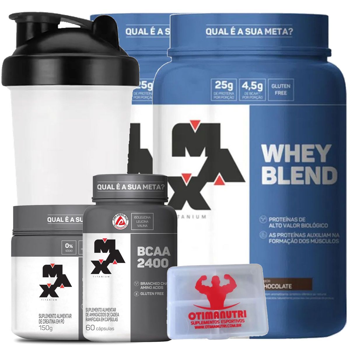 Combo 2 - Whey Blend 900g Chocolate + Creatina 150g + BCAA + Porta Caps + Coqueteleira - Max Titanium
