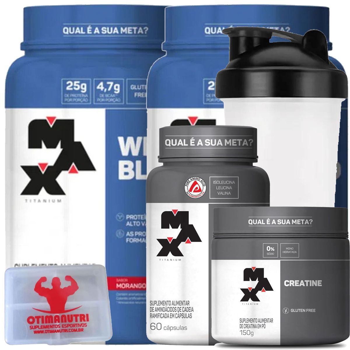 Combo 2 - Whey Blend 900g Morango + Creatina 150g + BCAA + Porta Caps + Coqueteleira - Max Titanium