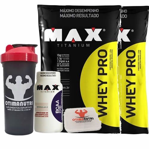 Combo 2 - Whey Pro 1500g Baunilha + BCAA + Porta Caps + Coqueteleira  - Max Titanium