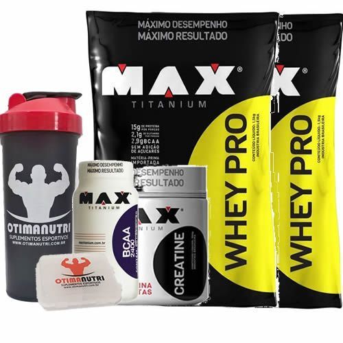 Combo - 2 unid. Whey Pro 1500g Baunilha + Creatina 150g + BCAA + Porta Caps + Coqueteleira - Max Titanium