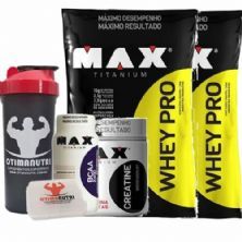 Combo 2 - Whey Pro 1500g Chocolate + Creatina 150g + BCAA + Porta Caps + Coqueteleira - Max Titanium