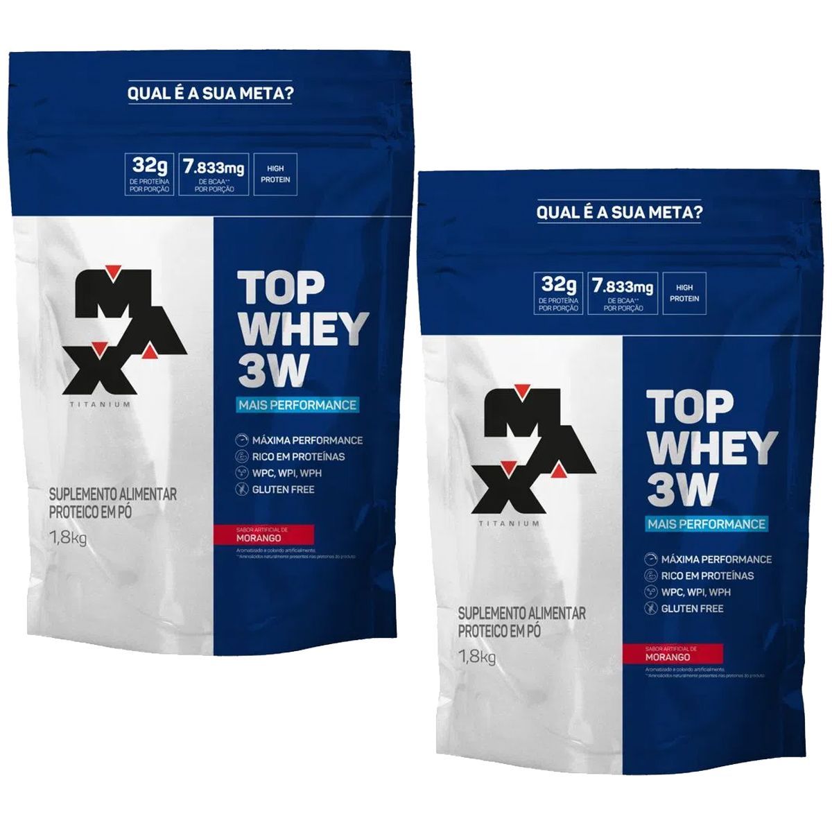 Combo 2x Top Whey 3W - 1800g Refil Morango - Max Titanium
