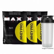Combo 3x Whey Pro Refil - Chocolate 1500g - Max Titanium + Coqueteleira