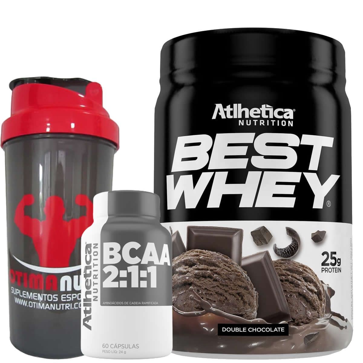 Combo - Best Whey 450g Double Chocolate + Bcaa 2:1:1 60 C�ps + Coqueteleira 600ml - OtimaNutri