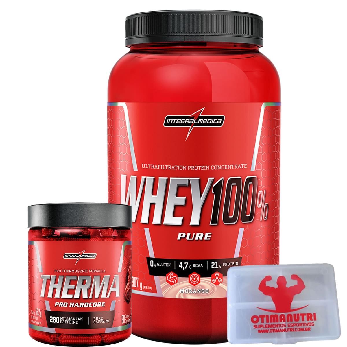 Combo Defini��o 100% Whey Morango + Therma Pro + Porta Caps - Integralm�dica