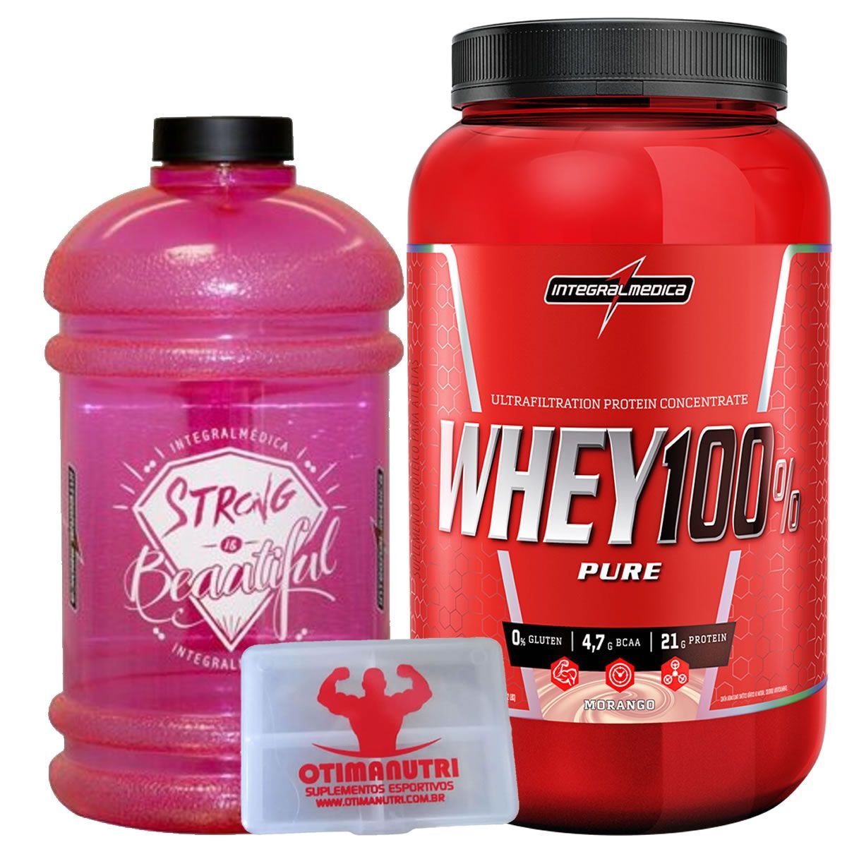 Combo Ela Top - Super Whey 100% Morango + Gal�o Rosa + Porta Caps - Integralm�dica
