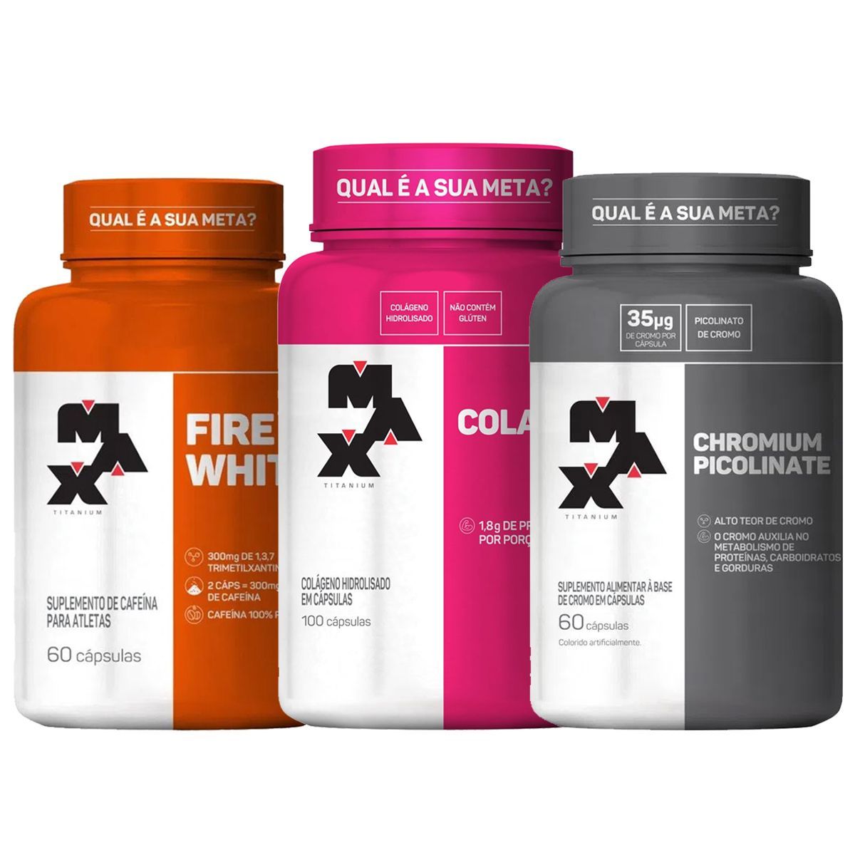 Combo Emagrecedor Chromium Picolinate 60 C�ps + Ultimate Fire White 60 C�ps + Colagen 100 C�ps - Max Titanium