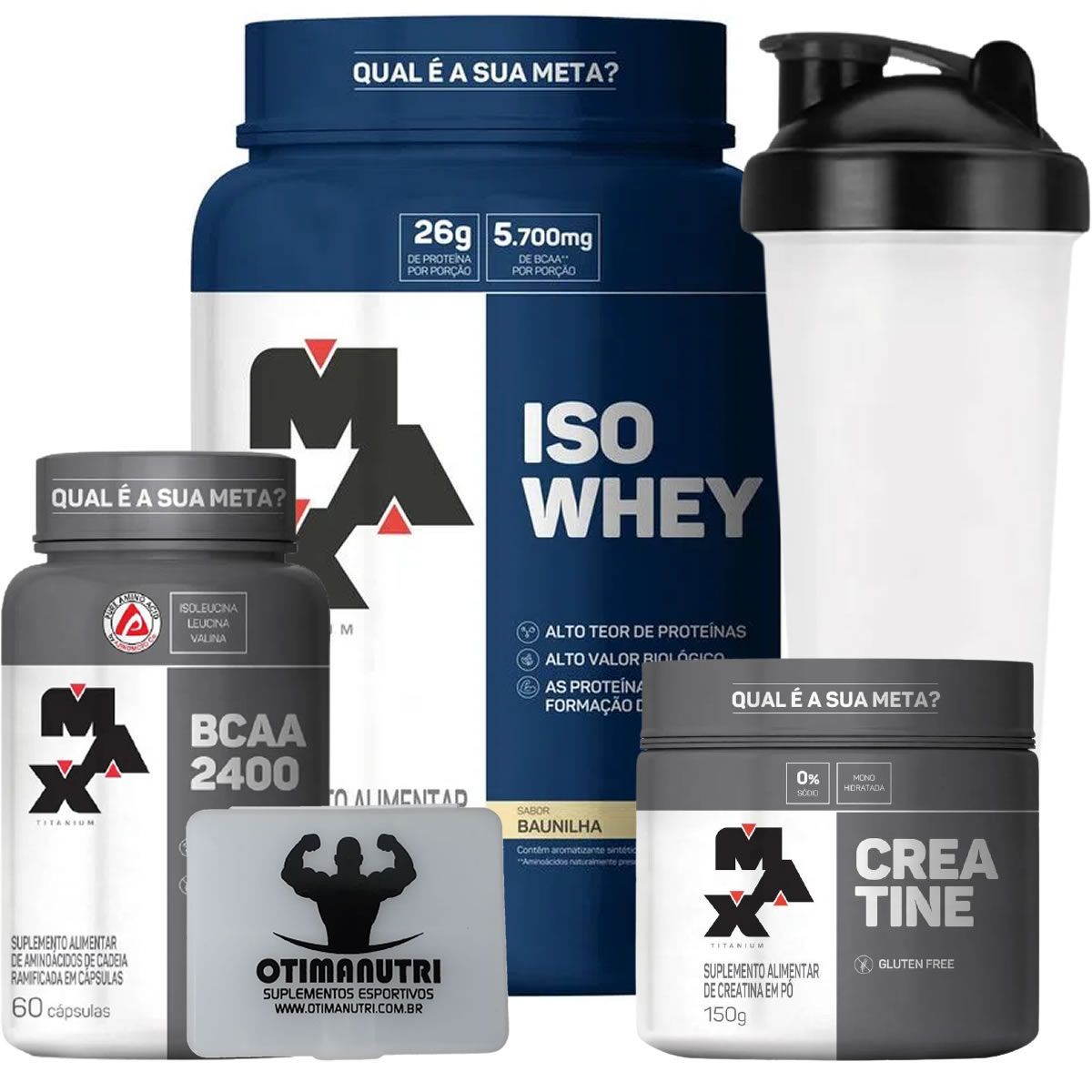 Combo - Iso Whey 900g Baunilha + Creatina 150g + BCAA + Porta Caps + Coqueteleira - Max Titanium