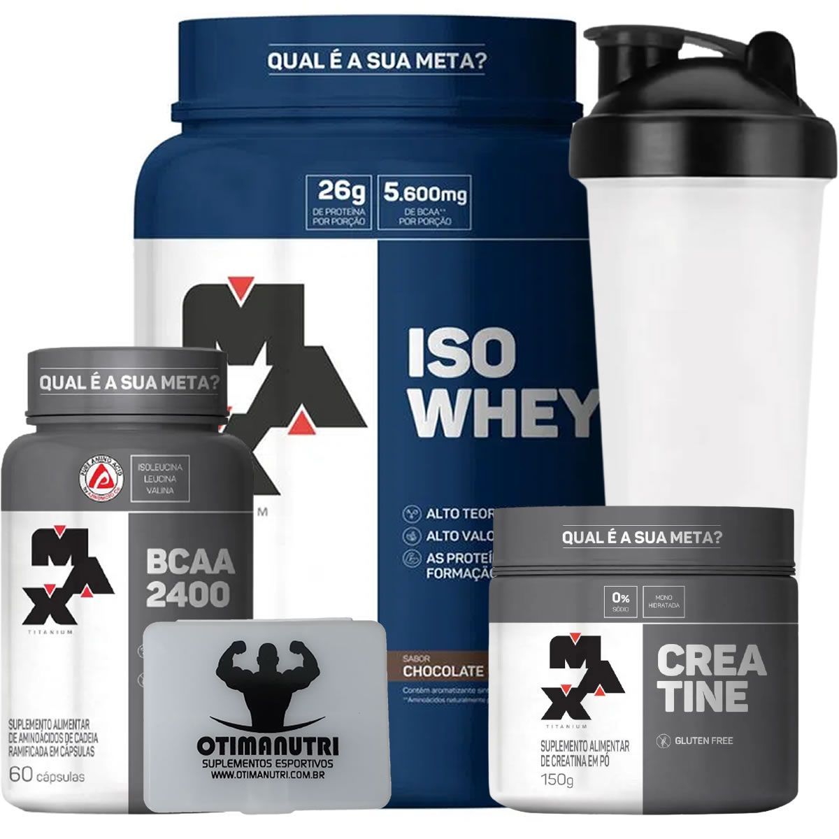 Combo - Iso Whey 900g Chocolate + Creatina 150g + BCAA + Porta Caps + Coqueteleira - Max Titanium