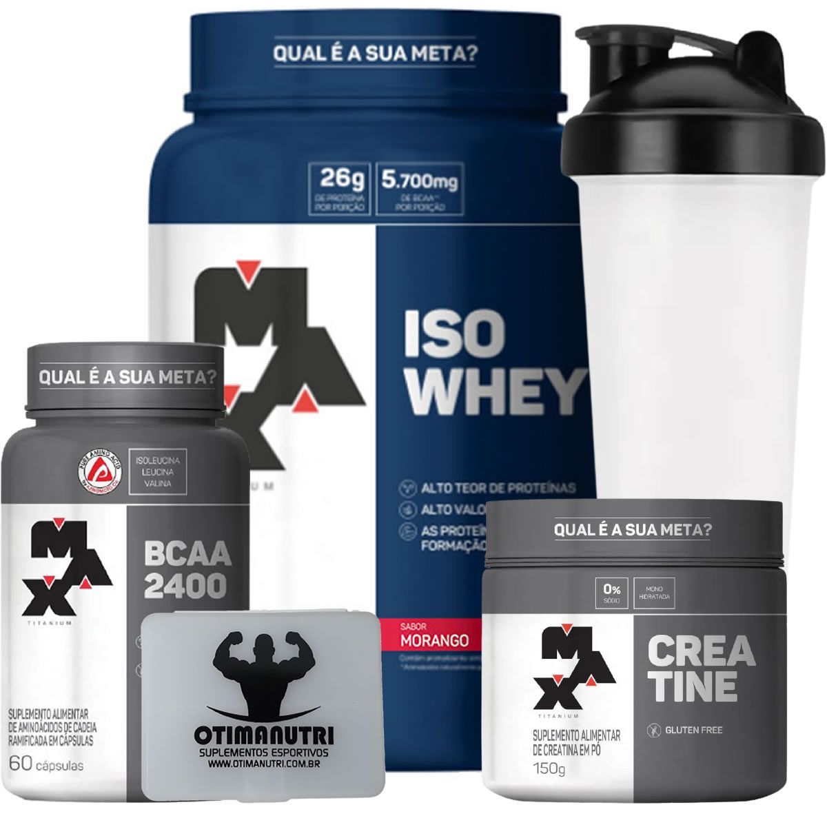 Combo - Iso Whey 900g Morango + Creatina 150g + BCAA + Porta Caps + Coqueteleira - Max Titanium