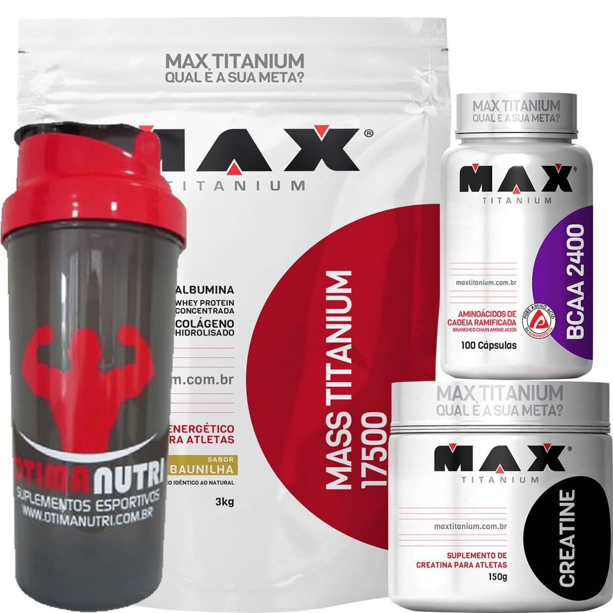 Combo Mass Titanium 3Kg Baunilha + Bcaa 100 Caps + Creatina 150g + Coque - Max Titanium